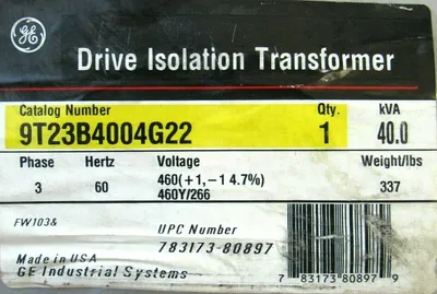 NEW GENERAL ELECTRIC 9T23B4004G22 TRANSFORMER 460V 40.0 KVA 3 PHASE 60HZ