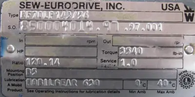 USED SEW EURODRIVE RF70LP143/56 REDUCER 120.14:1