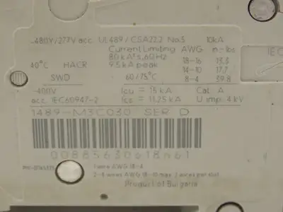 Allen Bradley 1489-M3C030 Circuit Breaker 3A 3 Pole 277/480V Din Rail Mount