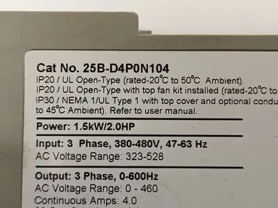 USED ALLEN-BRADLEY SER. A POWERFLEX 525 AC DRIVE 1.5KW 2HP, LED DISPLAY