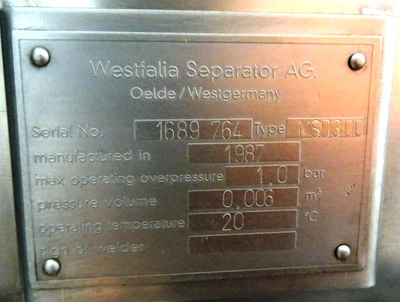 Westfalia MSD 300-01-777 warm milk separator, 316SS.