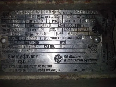 200 hp General Electric AC Motor, 1190 rpm