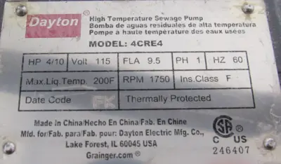 NEW DAYTON 4CRE4 HIGH TEMPERATURE SEWAGE PUMP 115V 4/10 HP
