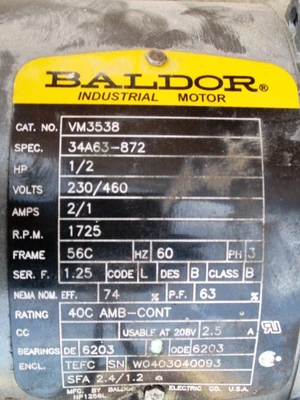 1/2 HP Baldor Electric Motor, 1725 rpm, TEFC