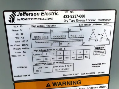 New 75 KVA Dry Type Transformer 480 Delta 240 Delta 3 Phase 423-9237-000 FREE SHIPPING