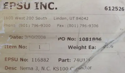 NEW SYLVANIA 74U131 CONTACTOR KS100 NEMA 3 N.C. 116882