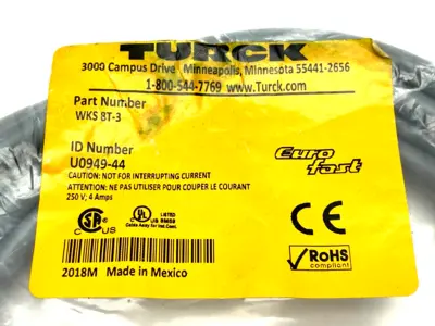 NEW TURCK EUROFAST SINGLE ENDED CORDSET RT ANGLE 8-PIN 3M LENGTH U0949-44