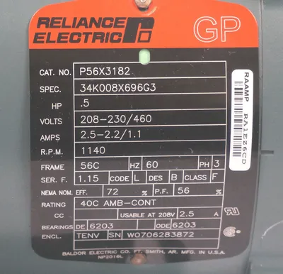 NEW RELIANCE ELECTRIC P56X3182 MOTOR .5HP, 208-230/460V, 34K008X696G3