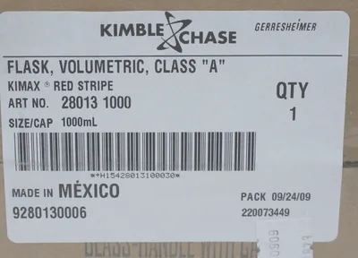 NEW SEALED KIMBLE CHASE 28013-1000 FLASK, VOLUMETRIC, CLASS A, 1000ML, 280131000