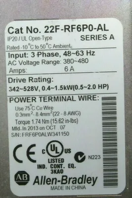 USED ALLEN BRADLEY 22F-RF6P0-AL EMC FILTER 22FRF6P0AL
