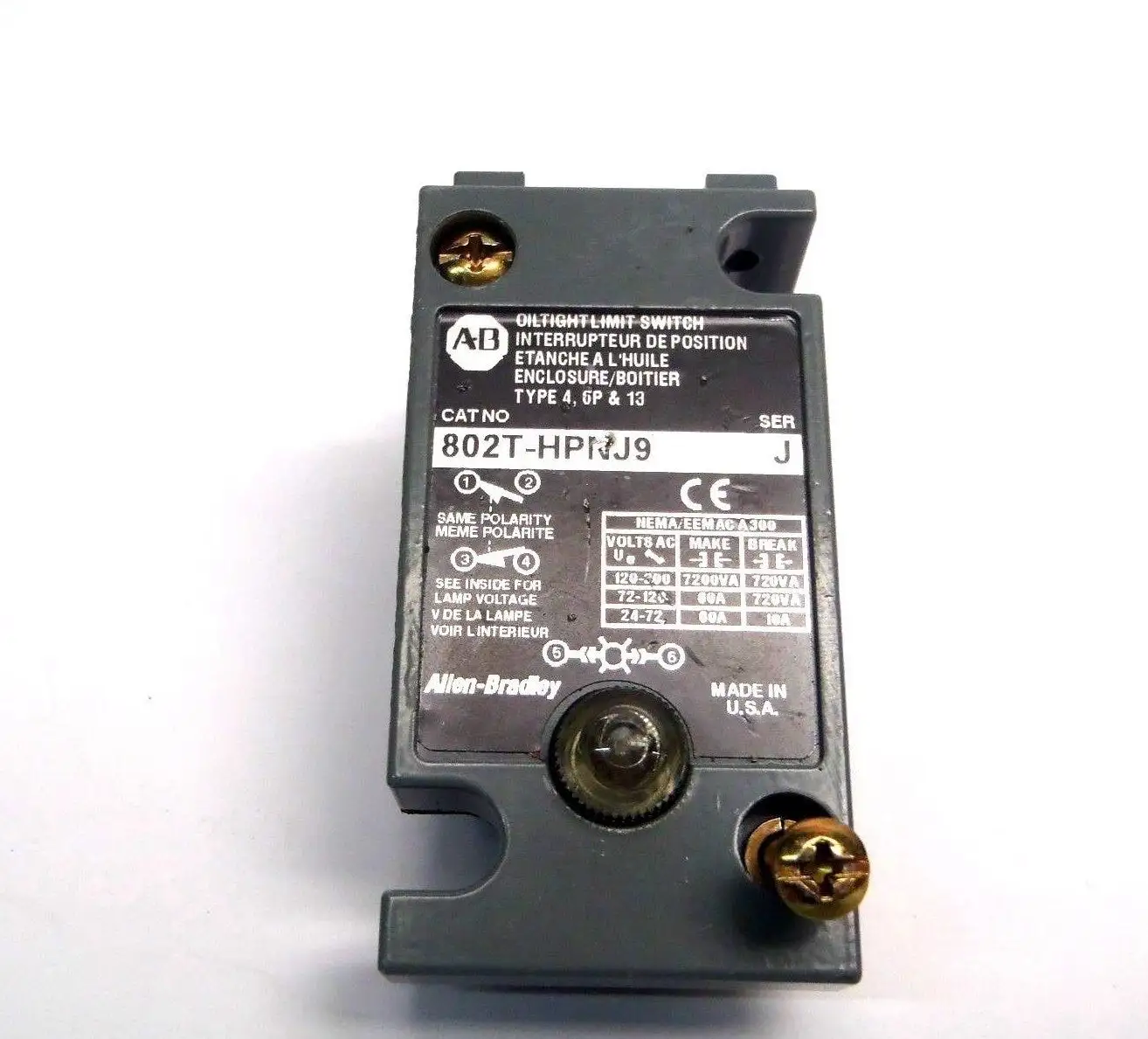 USED ALLEN BRADLEY OIL-TIGHT LIMIT SWITCH TOP BODY ONLY TYPE 4,6P