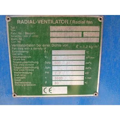 Used 212 CFM @ 32" SP 4.6KW(6HP) Pressure Blower Radial Ventilator Fan