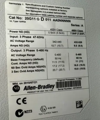20G11GD011AA0NNNNN POWERFLEX 755 SER. A 7.5HP PRE-OWNED UNUSED SURPLUS