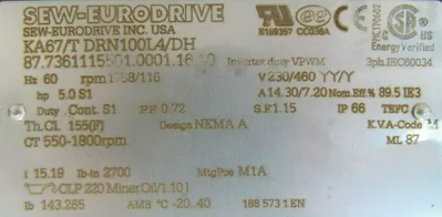 NEW SEW EURODRIVE KA67/T DRN100L4/DH GEAR MOTOR 5HP 230/460V KA67TDRN100L4DH