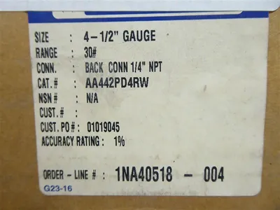 Weksler AA442PD4RW 4-1/2" Gauge 1/4" NPT Back Connection 30# New