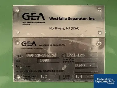 USED Westfalia Westfalia Disc Centrifuge, Model CSC 20-06-476, S/S