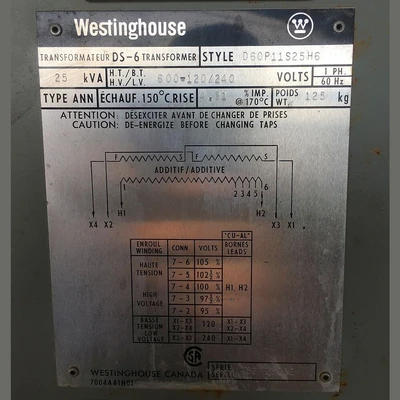 Westinghouse 25 kVA 600 - 120/240 Transformer