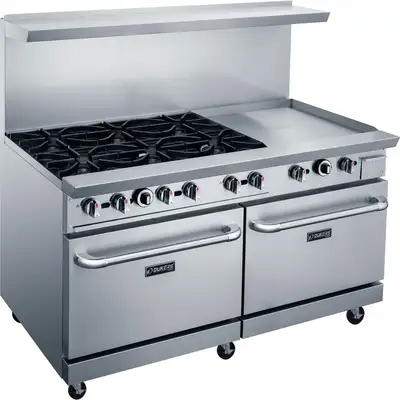 New | in-Stock Dukers New Dukers DCR60-6B24GM 60" Gas Range with Six (6) Open Burners & 24" Flat Top Griddle Commercial Ranges Illinois US | Falcon Restaurant Supply #1376298