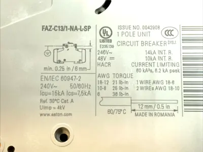 USED EATON SINGLE‑POLE MINIATURE CIRCUIT BREAKER 240V