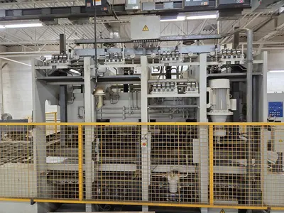 WEMHONER 5’ x 10’ SINGLE-OPENING SHORT-CYCLE FEED-THROUGH HOT PRESS WITH AUTOMATIC MATERIAL MEASURING/PRESSURE SYSTEM