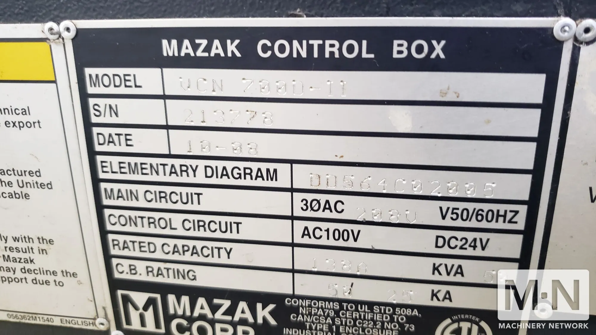 Mazak VCN-700D II 4-axis CNC Vertical Machining Center | Machinery