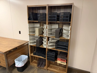 Contents of office furniture, includes (1) 78" wooden desk, (1) credenza, 74" x 18.5", and (2) woode...