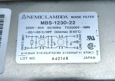 New Nemic Lambda MBS-1230-22 Noise Filter 250V 30A 50/60Hz TV2500V~1MIN