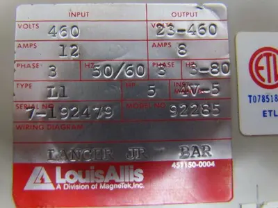 Louis Allis Lancer Jr 92285 Transistor Inverter Drive 460V 3PH 5HP 50/60HZ