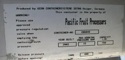 Tank, 200 Gallon, 304L S/st, 46" x 24", Tote, Ucon, (7) #L741302