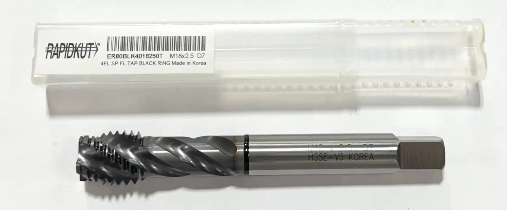 RapidKut M18 x 2.5mm HSSE-V3 Spiral Flue Semi-Bottoming Tap Black Ring TiCN 4FL D7