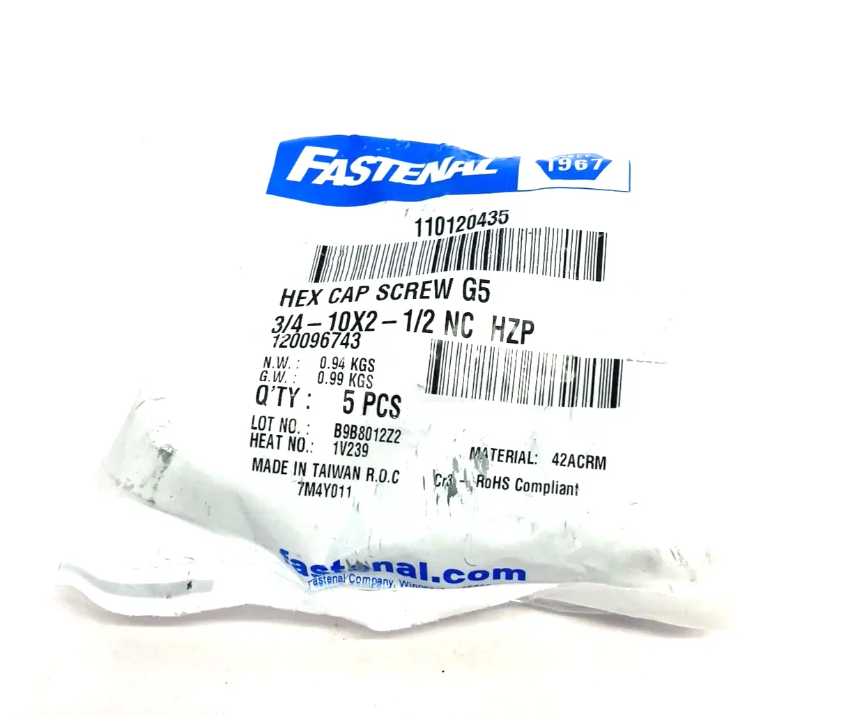 New | in-Stock Fastenal Hex Cap Screw Grade 5, 3/4" - 10 x 2-1/2" Zinc Finish 5-PACK Bolts Michigan US | Maverick Industrial Sales #1496056