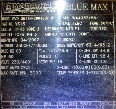 NEW 2007 MARATHON ELECTRIC BLUE EVD 364THFS8046BT W