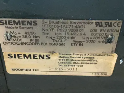 Used SIEMENS 1FT61051AC714AG1 Servo Motors Ohio US | HGR 24 #1355896