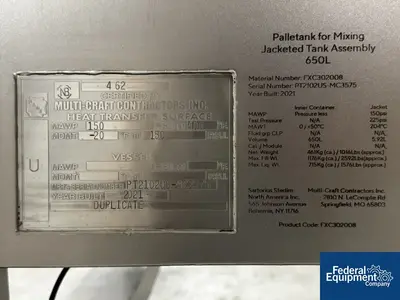 USED Sartorius 650 Liter Satorius Palletank for Mixing Jacketed