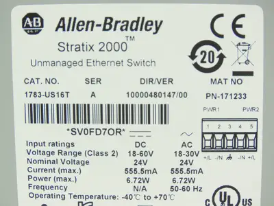 Allen Bradley 1783-US16T Stratix 2000 Unmanaged Ethernet Switch 16-Port Ser A