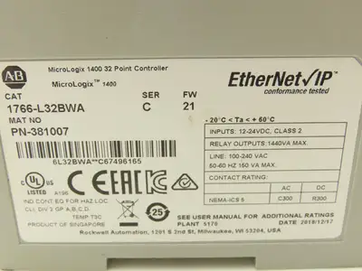 Allen Bradley 1766-L32BWA MicroLogix 1400 Controller Module 32 Point Ser C FW 21