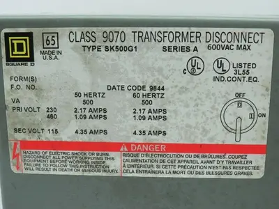 Square D SK500G1/A Transformer Disconnect 600VAC 4.35A Series A Box Only