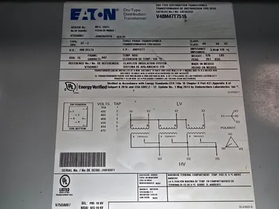 75 KVA EATON Dry Transformer 480 Delta 480Y/277 V48M47T7516 USED