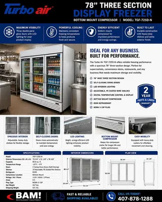 Turbo Air TGF-72SD-N 78” Three Section Display Freezer w/ Swing Doors - Bottom Mount Compressor, White, 115vTurbo Air TGF-72SD-N 78” Three Section Display Freezer w/ Swing Doors - Bottom Mount Compressor, White, 115v
