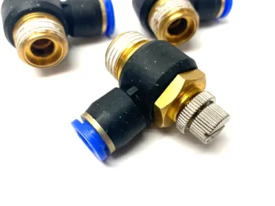 USED SNS PNUEMATIC FLOW THROTTLE/SPEED CONTROL ELBOW VALVE FITTING 10MM TUBE