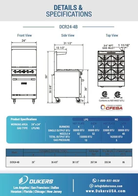 New | in-Stock Dukers New Dukers DCR24-4B 24" Gas Cooktop Range with Four (4) Open Burners Commercial Ranges Illinois US | Falcon Restaurant Supply #1376291