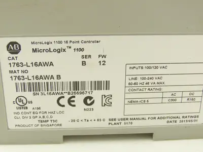 Allen Bradley 1763-L16AWA MicroLogix 1100 16 Point PLC Controller Series B FW 12
