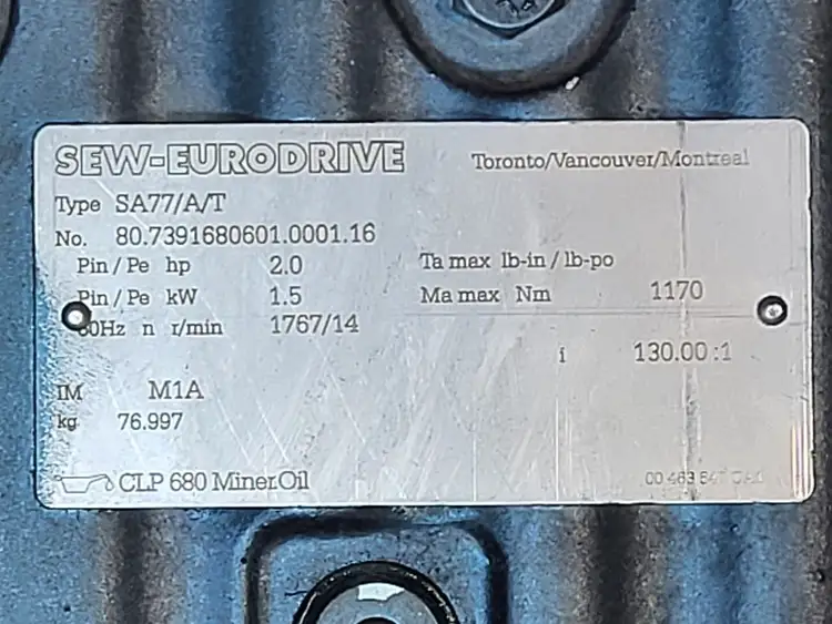 Used SEW-EURODRIVE SA77/T DRN90L4 Motors (misc) British Columbia CA | Lenmark #246440