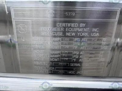 USED FELDMEIER 400 LITER STAINLESS STEEL JACKETED REACTOR 100 PSI/FV W/ 3 HP MOTOR