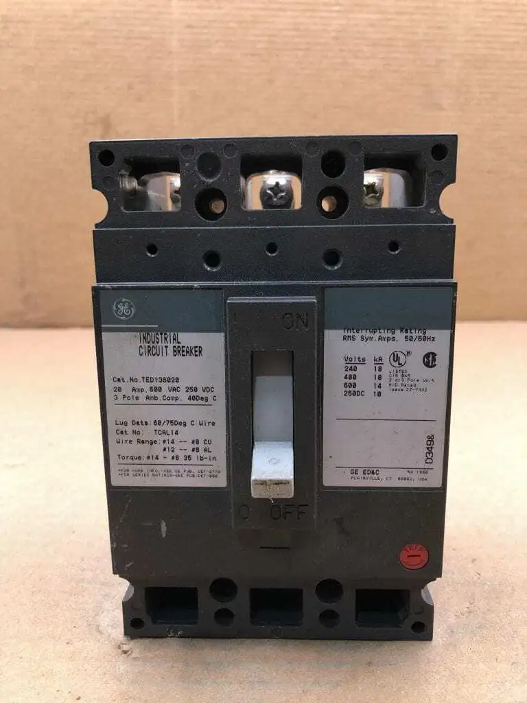 GE General Electric TED136020 20A 3 Pole Circuit Breaker 600VAC 250VDC