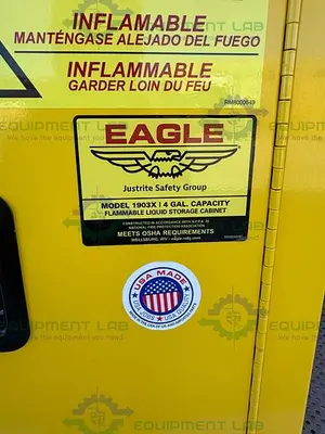 USED EAGLE 1903X 4 GALLON FLAMMABLE LIQUID STORAGE CABINET W/ SOFT CLOSE DOOR, KEY