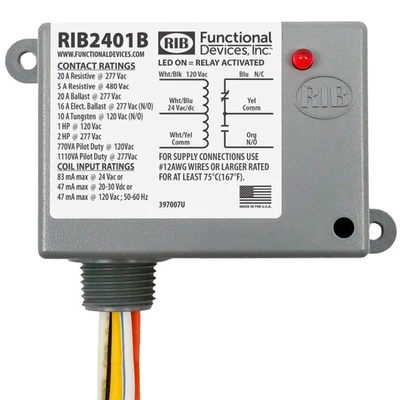 Functional Devices RIB2401B Enclosed Relay 20 Amp SPDT, 24 Vac/dc/120 Vac Coil [New]