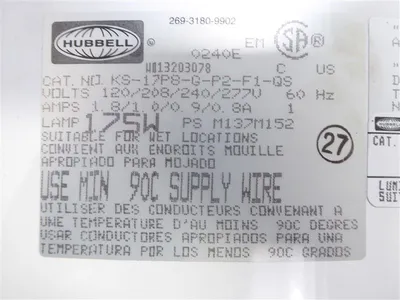 Hubbell KS-17P8-G-P2-F1-QS Kemlux Industrial Lamp Ballast Tank no cover New NIB
