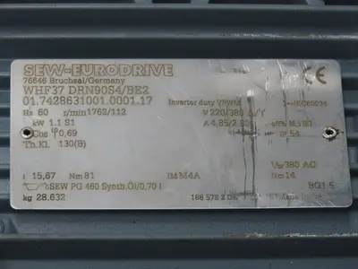 Sew Eurodrive WHF37 DRN90S4/BE2 Brake Gearmotor 1.1Kw 220/380V 1762/112rpm 15.67