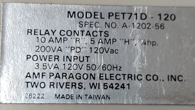 AMF Paragon PET 71D-120 Programmable Electronic Timer D-1202-99 120 VAC Input